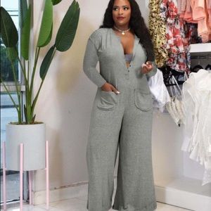Plus Size Solid Long Sleeve Loose Wide Leg Jumpsuit